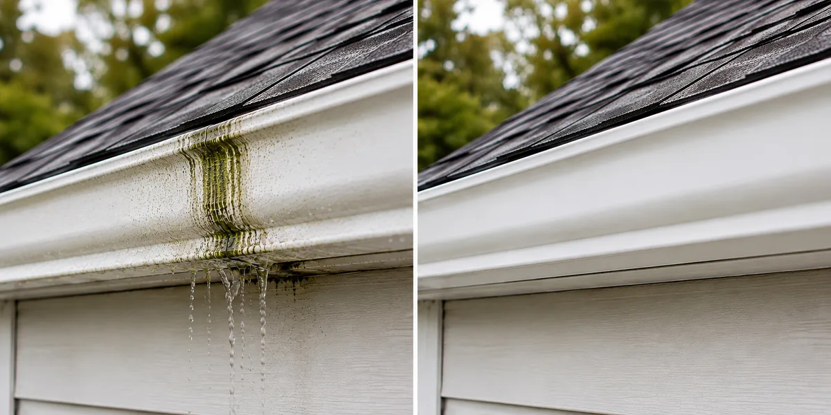 Gloved hands repairing the roof edge and gutter line